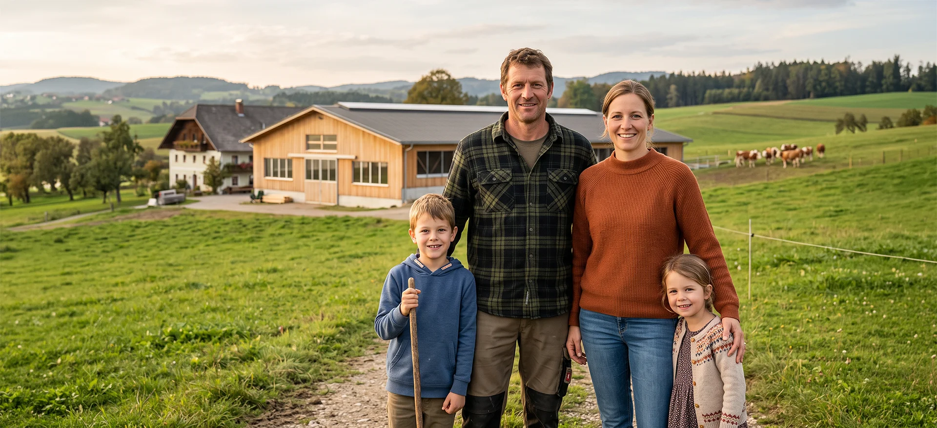 Familie vor Bauernhof
